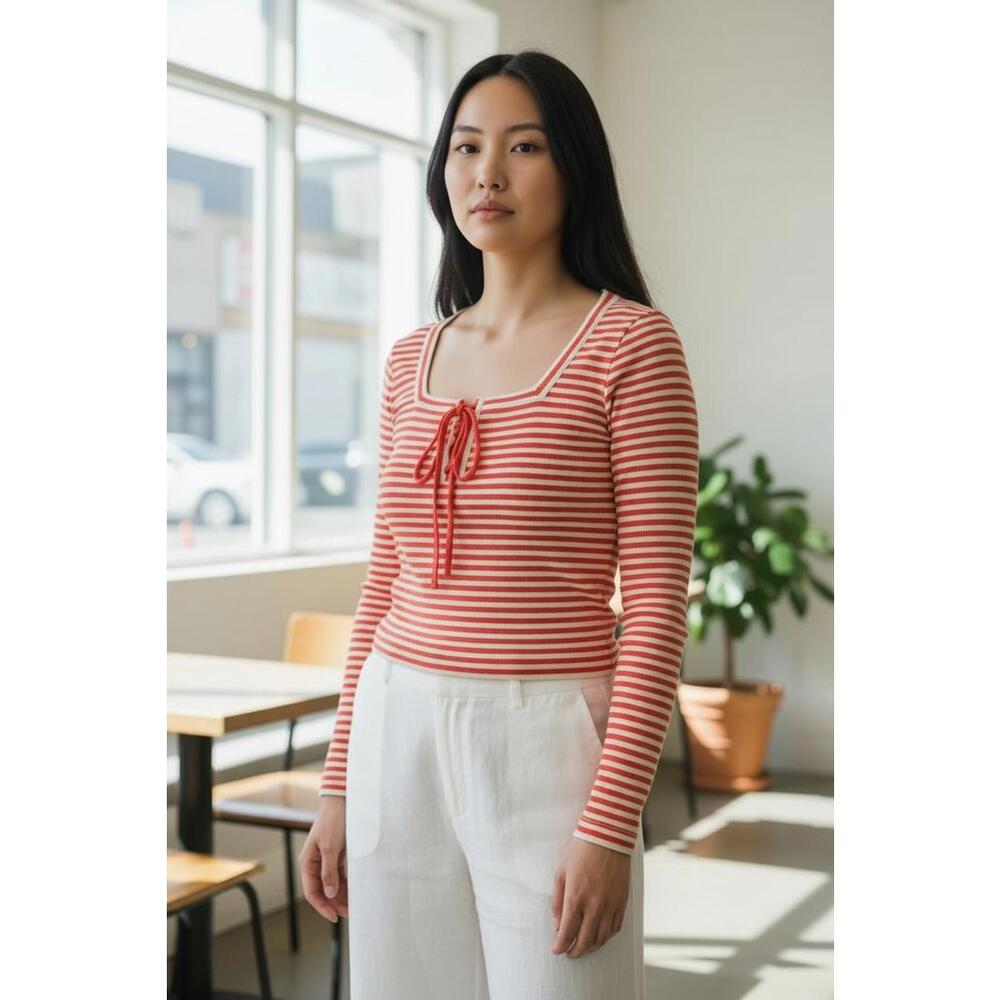 Boston Proper Striped Long Sleeve Knit Top with Tie Detail